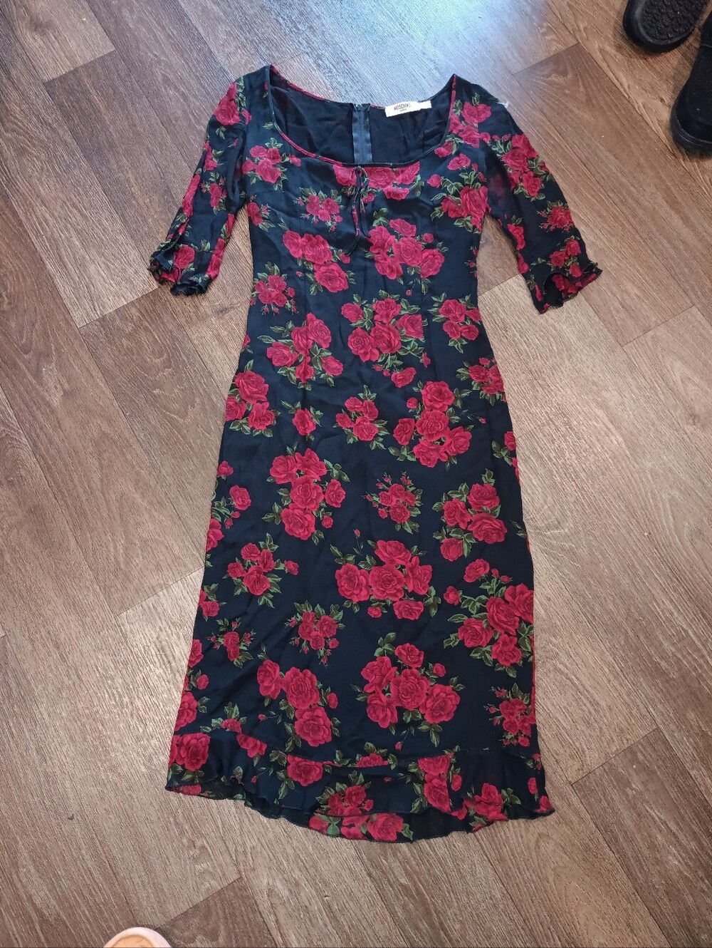 Y2k Moschino Jeans  Black Midi Dress with Red Rose Print